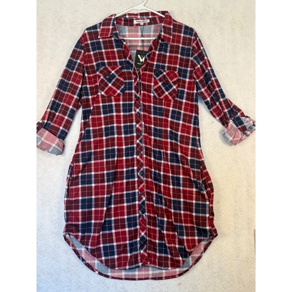 White Mark Red and Navy Plaid Button-Down Tunic Shirt